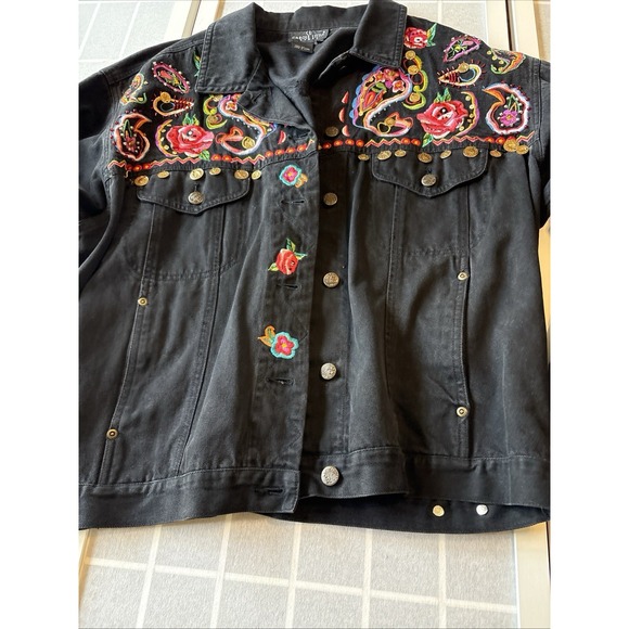Womens Black Floral Boho Maximalist Dopamine Western Embroidered Denim Coat Sz14 - Picture 3 of 14